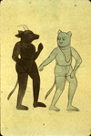 A section of folio 149b from Zakarīyā’ ibn Muḥammad al-Qazwīnī's Ajā’ib al-makhlūqāt wa-gharā’ib al-mawjūdāt (Marvels of Things Created and Miraculous Aspects of Things Existing) featuring two animal-headed demons or jinn, one blue and one black. The thin, brittle, lightly glossed, fibrous, yellow-brown paper has horizontal laid lines.