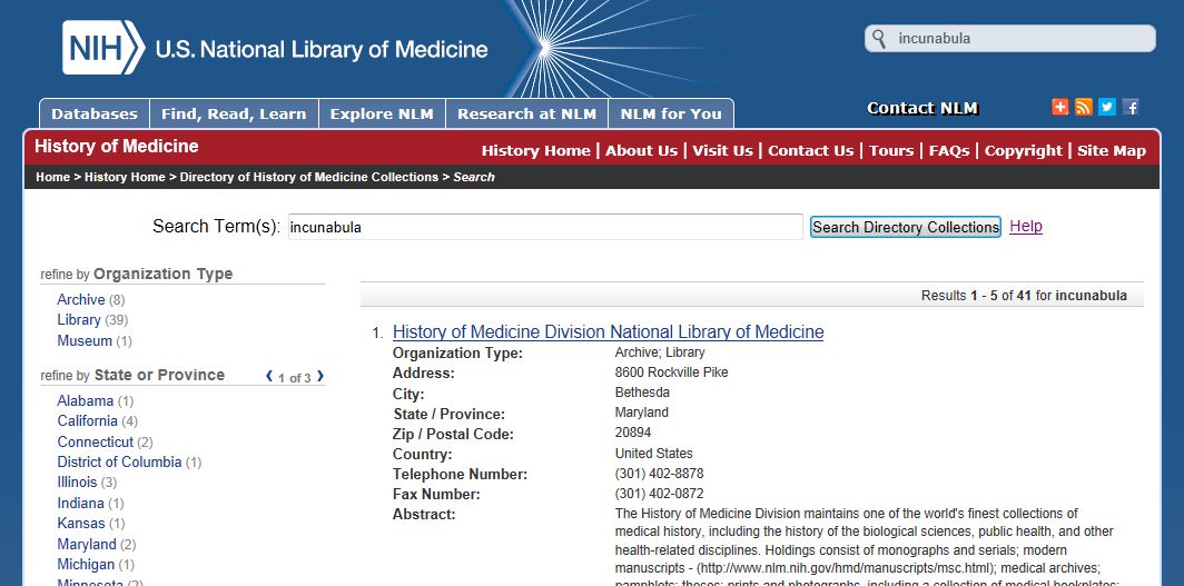 Image of the top of the results page for a search on the keyword incunabula.