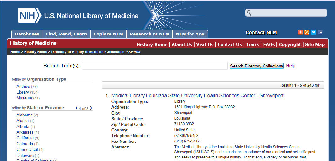 Image of the results page listing all the collections in the Directory.