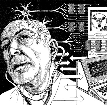 A black and white cover of a periodical with text and an illustration of the head of a white man listening with a stethoscope, computer circuits and a server, and a hand touching an old computer