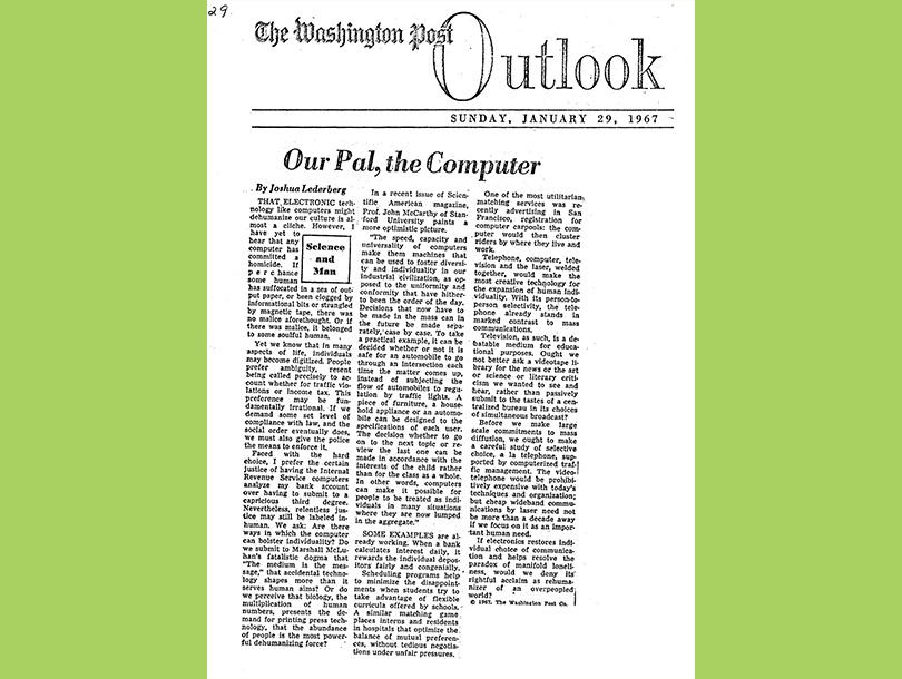 A photocopy of an article in a newspaper magazine